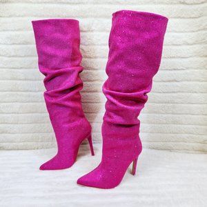 Radiant Fuchsia Pink Rhinestone High Heel Slouch Knee High Boots